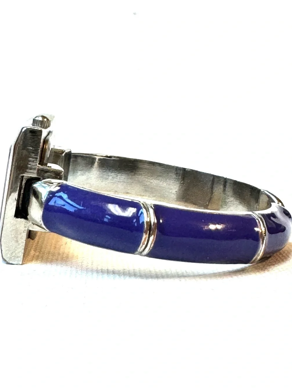 Vintage Vellacio Mother Of Pearl Cuff Watch Women's Bamboo Look Silver Purple
